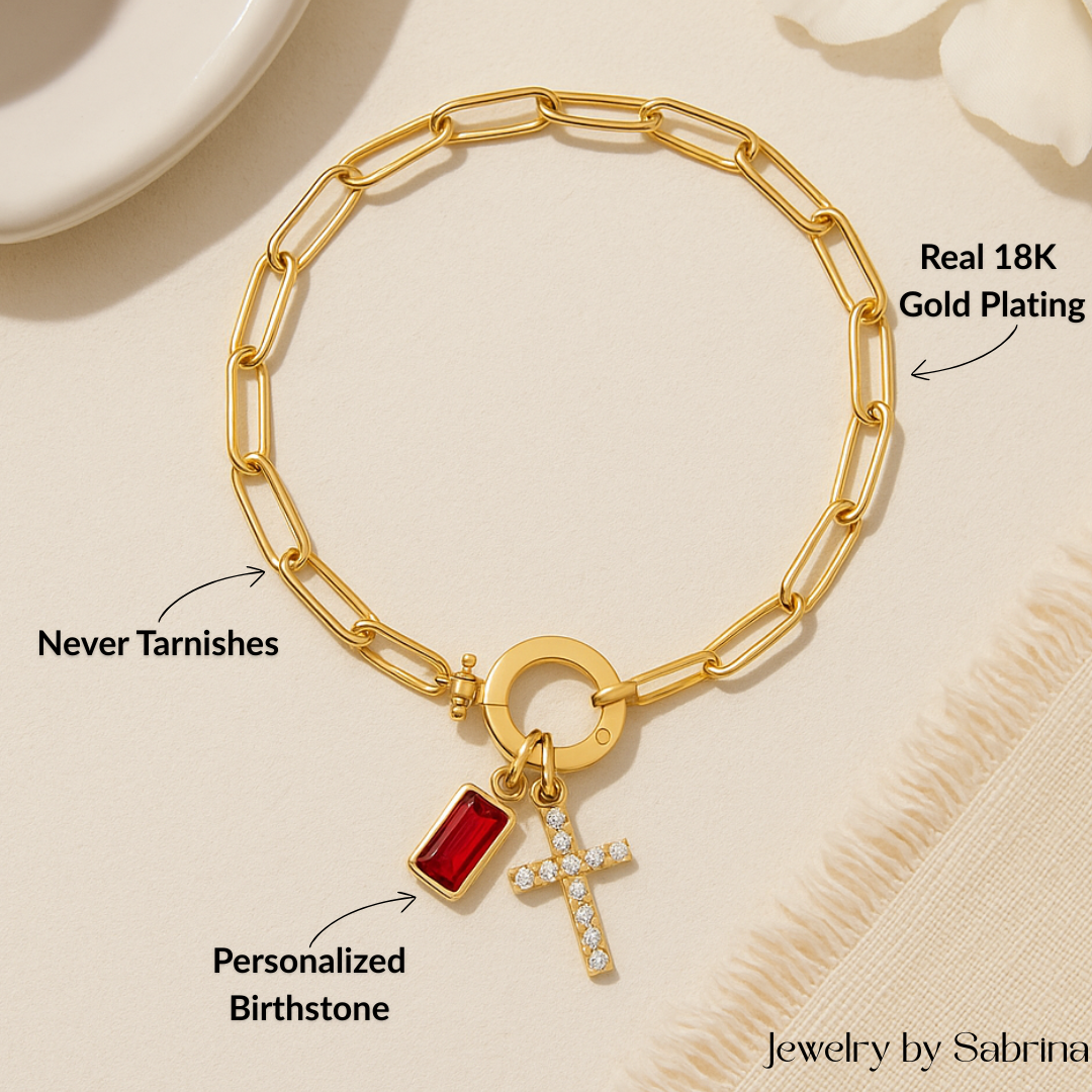 Paperclip Cross & Birthstone Bracelet
