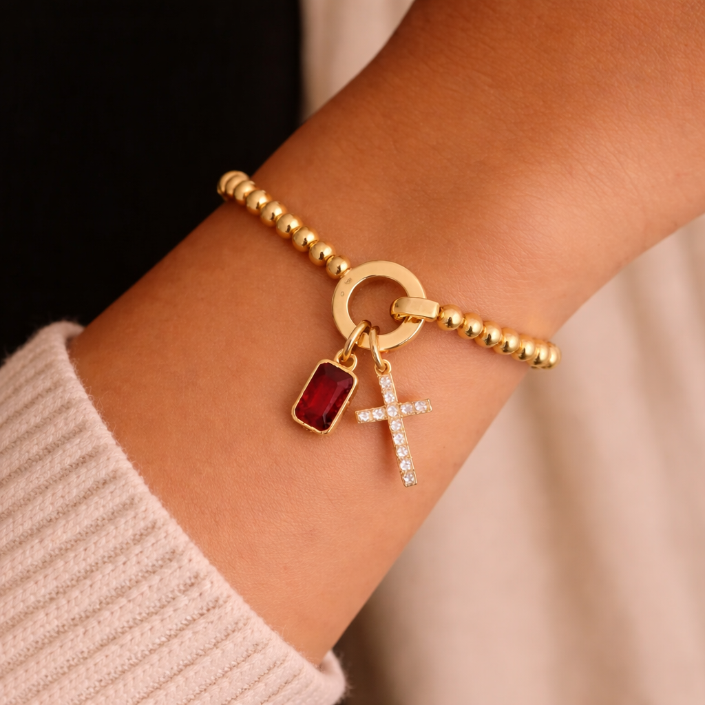 Beaded Cross & Birthstone Bracelet