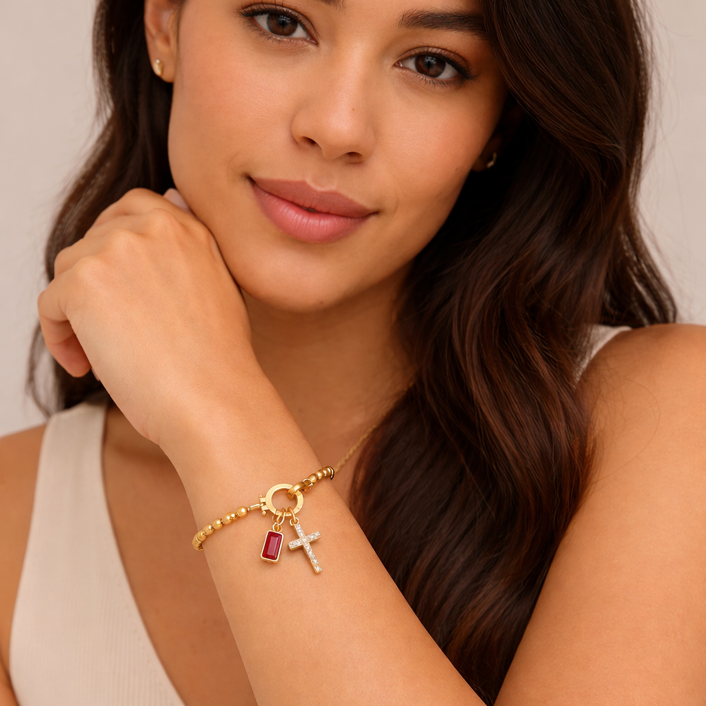 Beaded Cross & Birthstone Bracelet