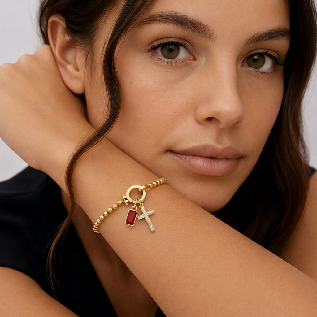 Beaded Cross & Birthstone Bracelet