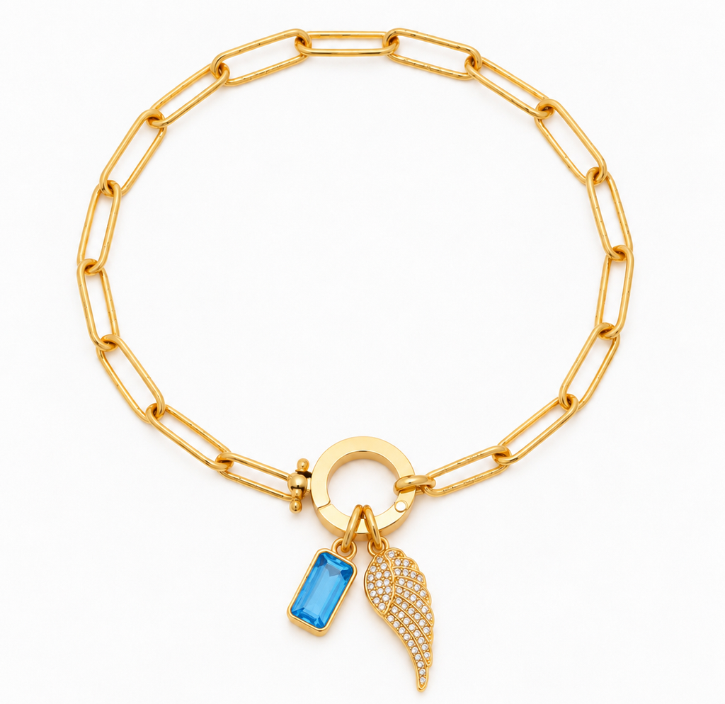 Paperclip Angel Wing & Birthstone Bracelet