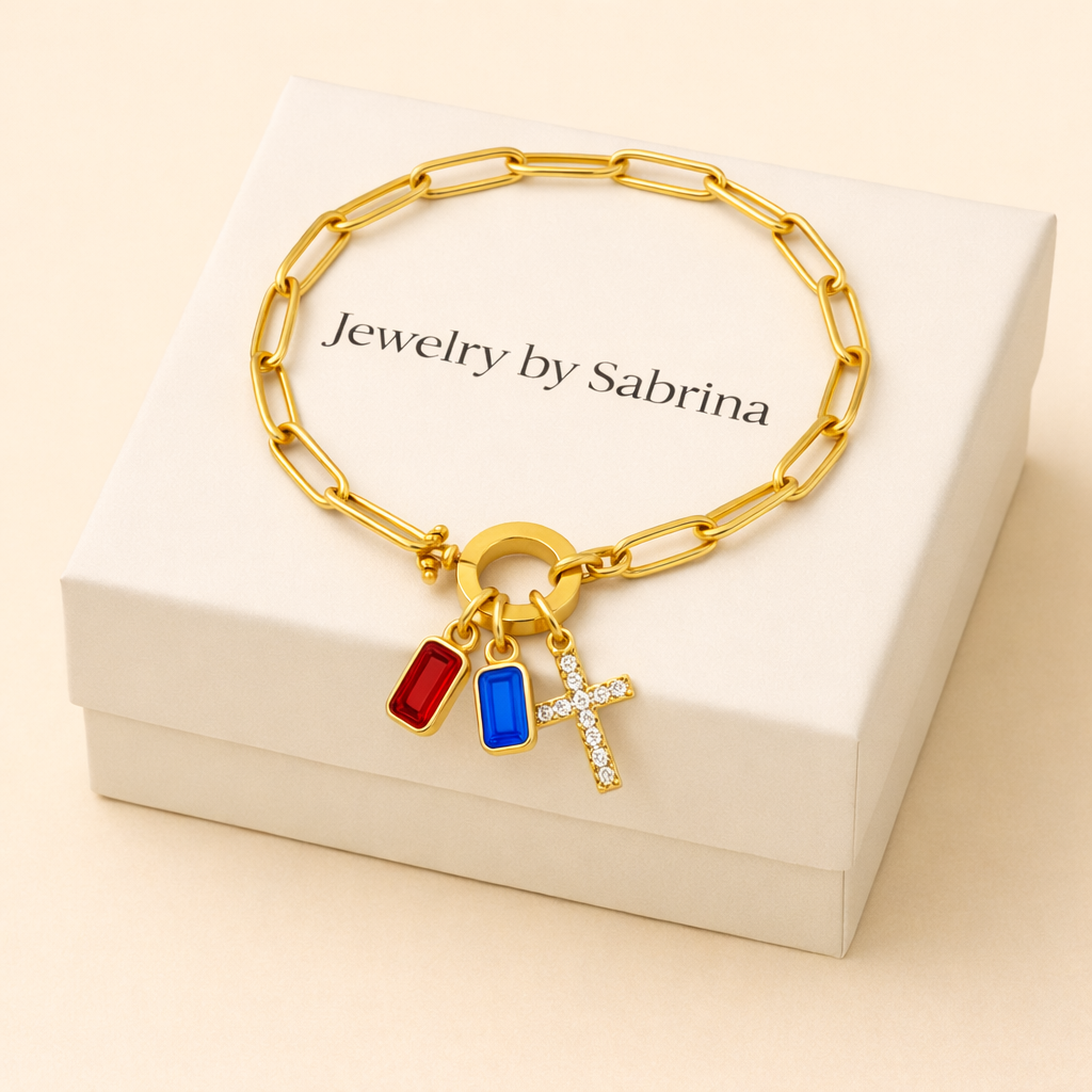 Paperclip Cross Multi-Birthstone Bracelet