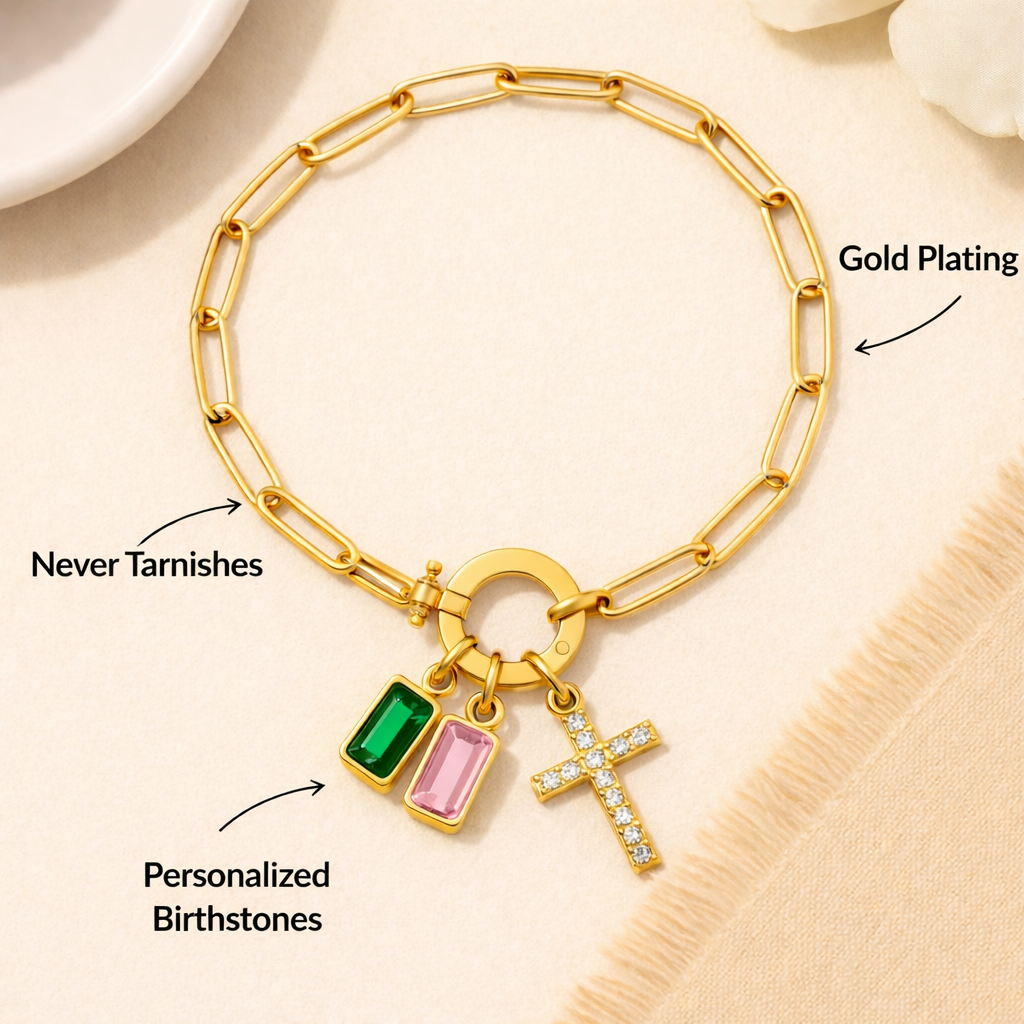 Paperclip Cross Multi-Birthstone Bracelet