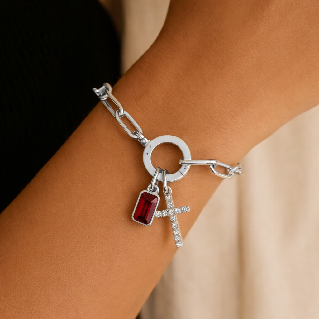 Silver Paperclip Cross & Birthstone Bracelet
