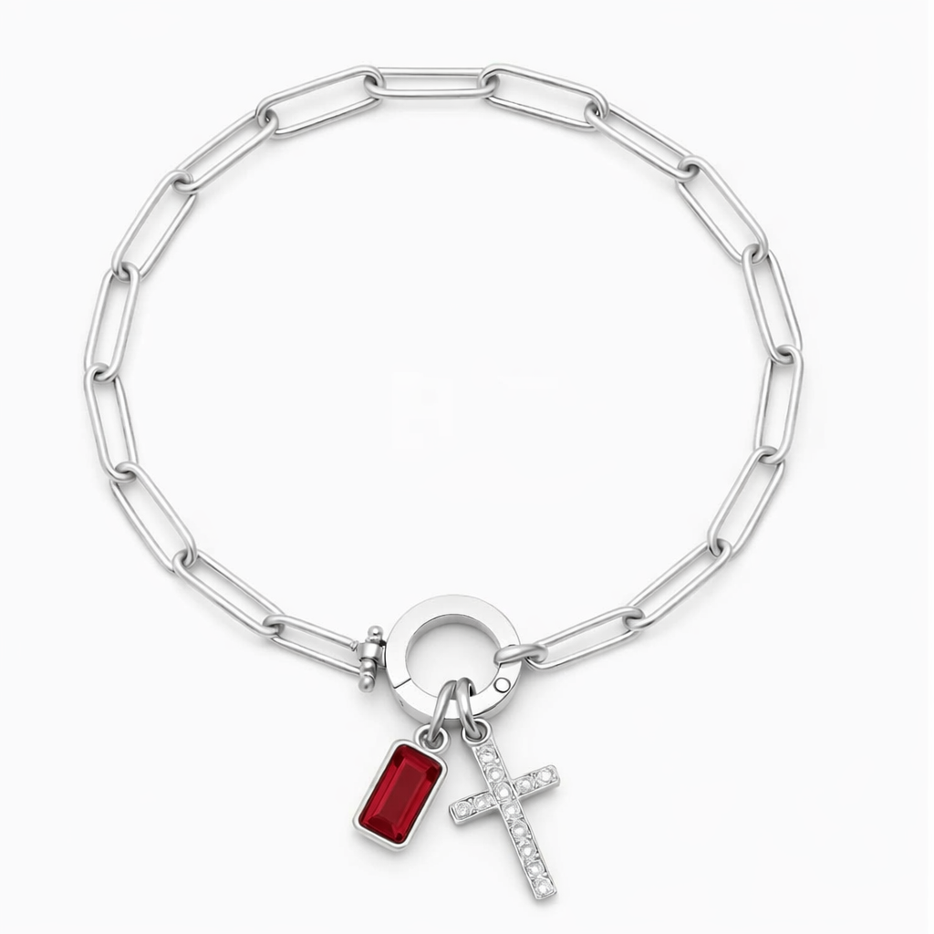 Silver Paperclip Cross & Birthstone Bracelet