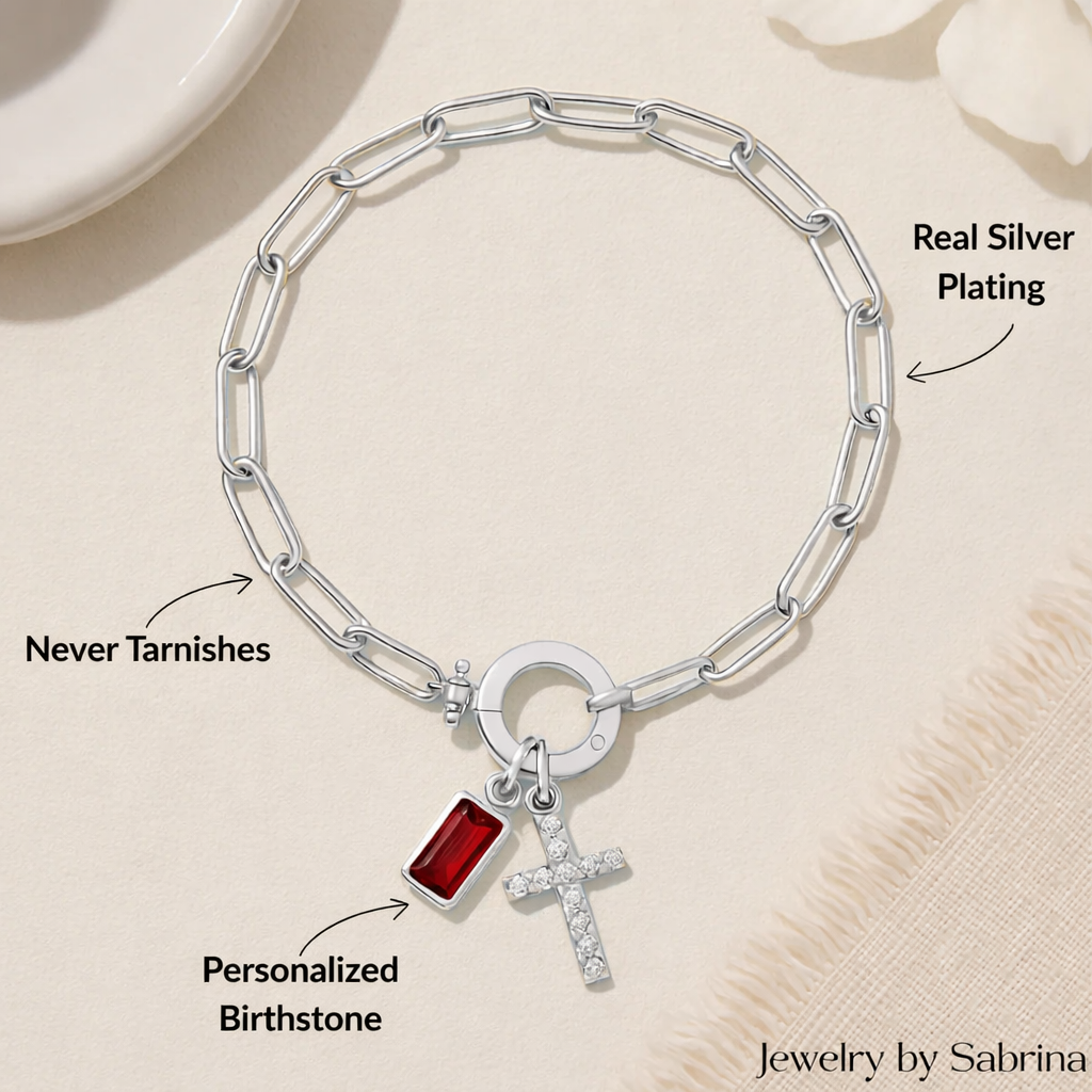 Silver Paperclip Cross & Birthstone Bracelet