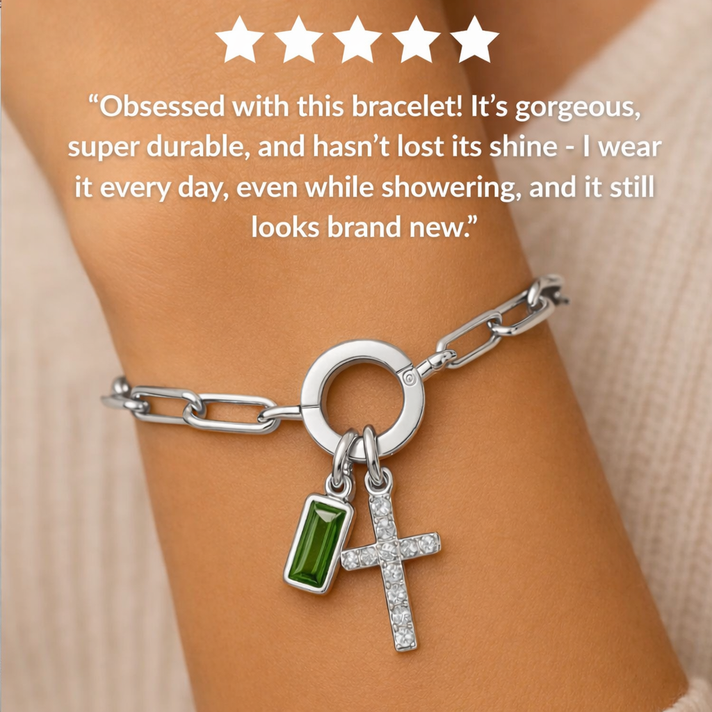 Silver Paperclip Cross & Birthstone Bracelet