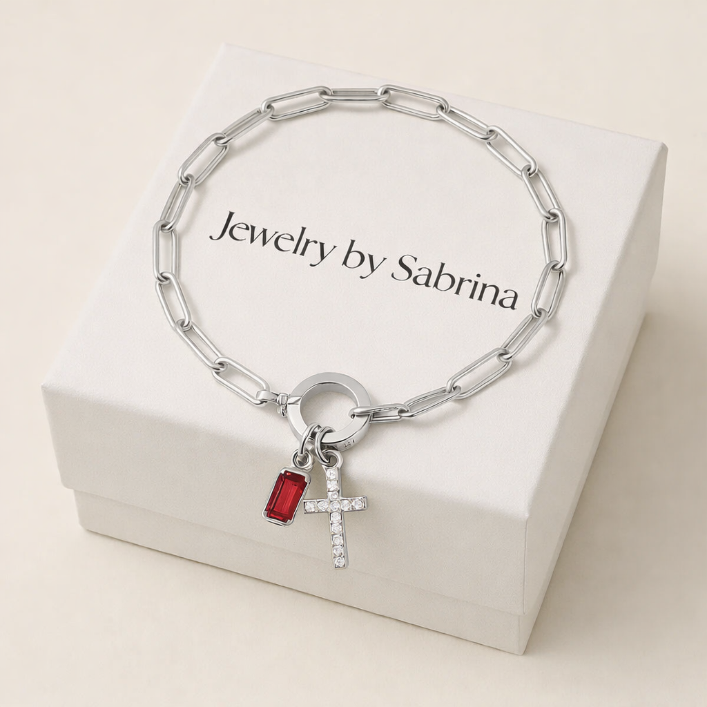Silver Paperclip Cross & Birthstone Bracelet