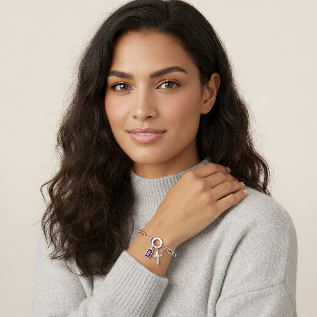 Silver Paperclip Cross & Birthstone Bracelet