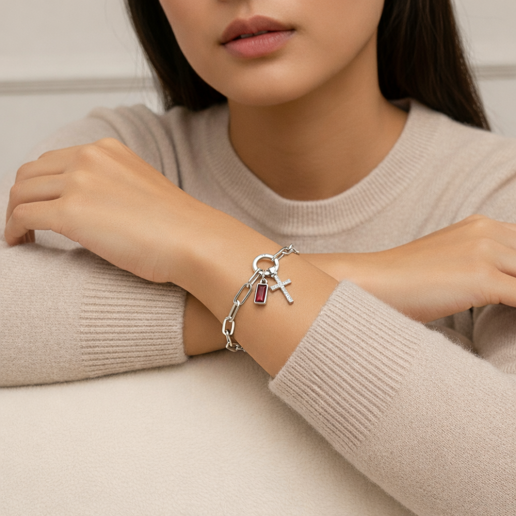 Silver Paperclip Cross & Birthstone Bracelet