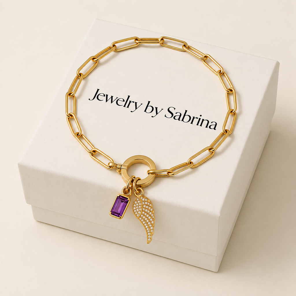 Paperclip Angel Wing & Birthstone Bracelet