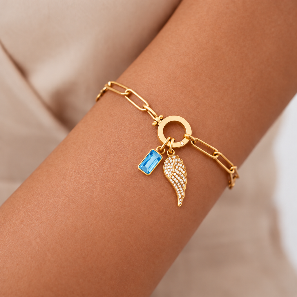 Paperclip Angel Wing & Birthstone Bracelet