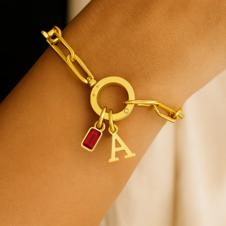 Paperclip Initial & Birthstone Bracelet
