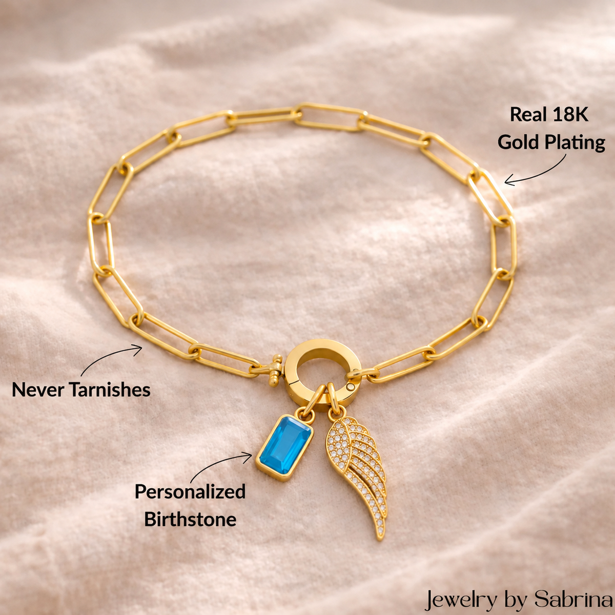 Paperclip Angel Wing & Birthstone Bracelet
