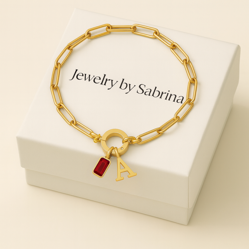 Paperclip Initial & Birthstone Bracelet