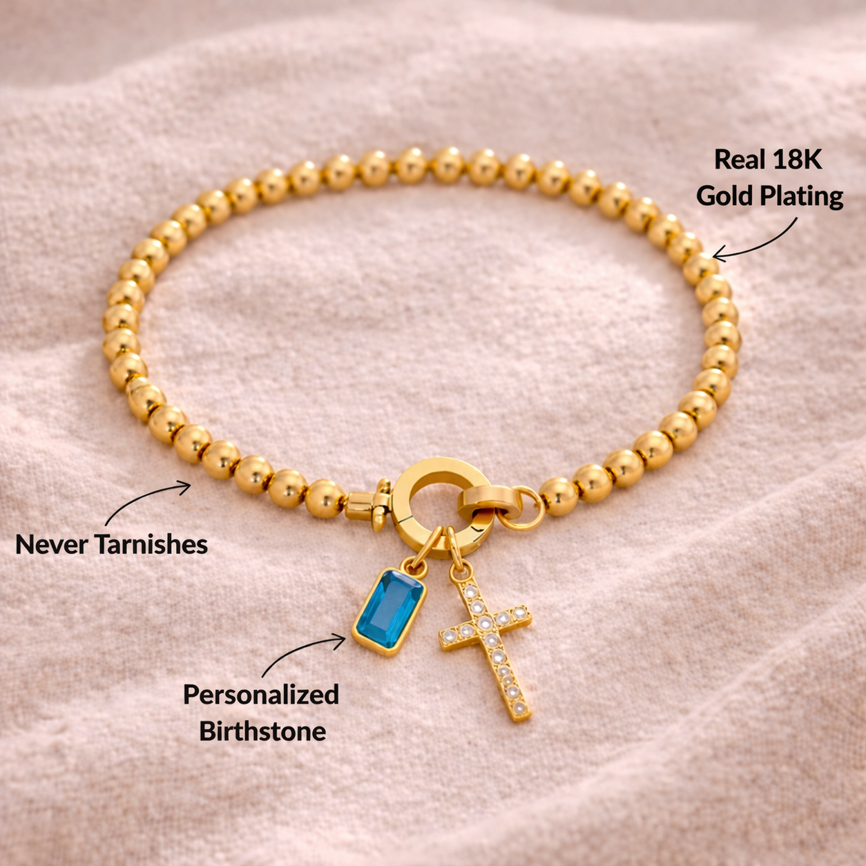 Beaded Cross & Birthstone Bracelet