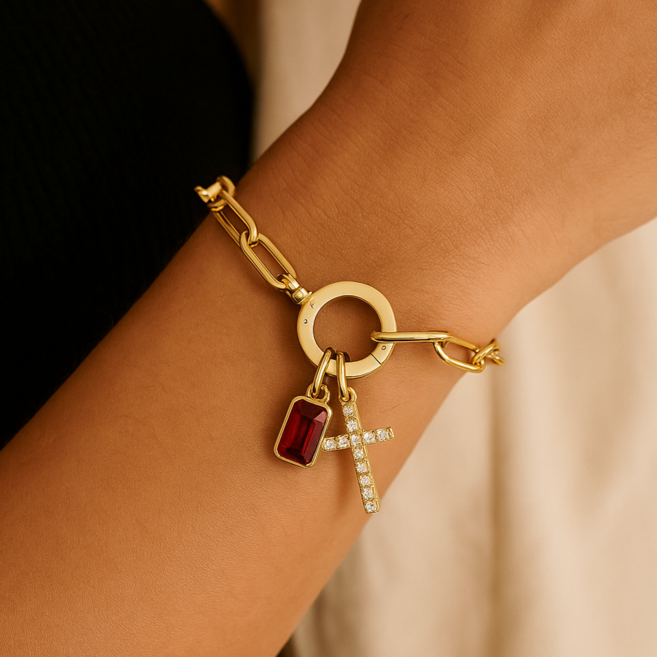 Paperclip Cross & Birthstone Bracelet