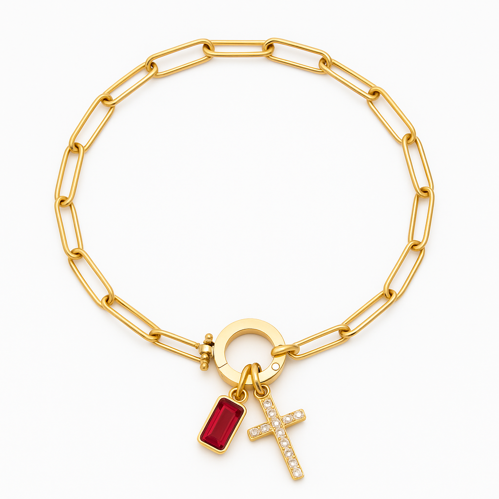 Paperclip Cross & Birthstone Bracelet