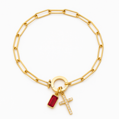 Paperclip Cross & Birthstone Bracelet