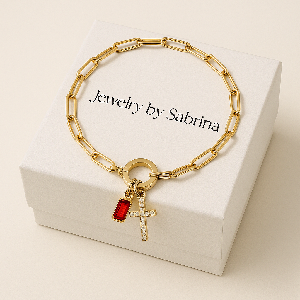 Paperclip Cross & Birthstone Bracelet
