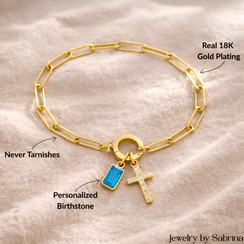 Paperclip Cross & Birthstone Bracelet