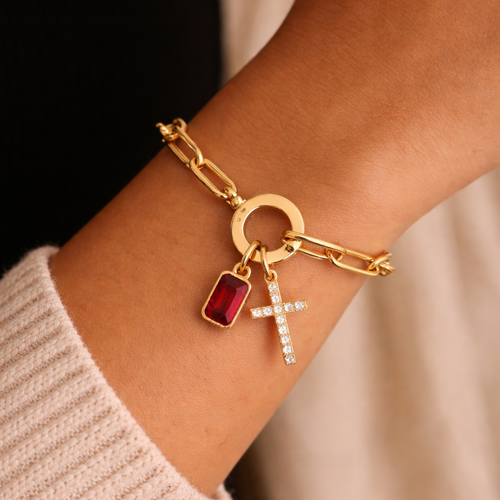 Paperclip Cross & Birthstone Bracelet