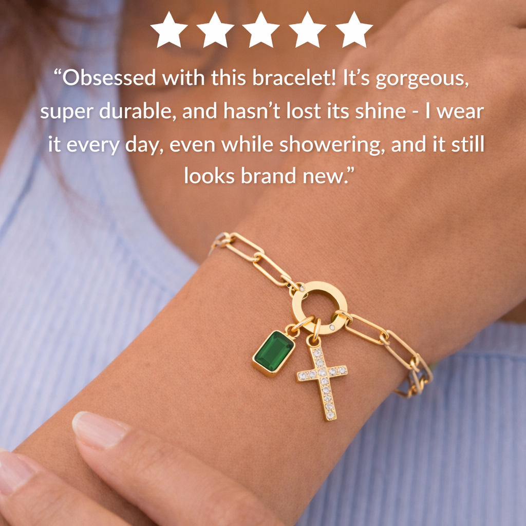 Paperclip Cross & Birthstone Bracelet