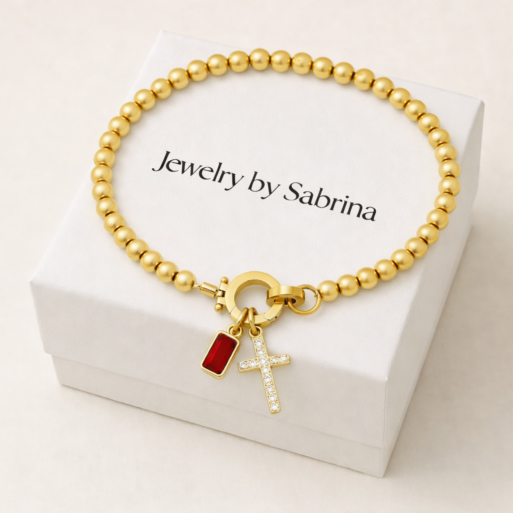 Beaded Cross & Birthstone Bracelet