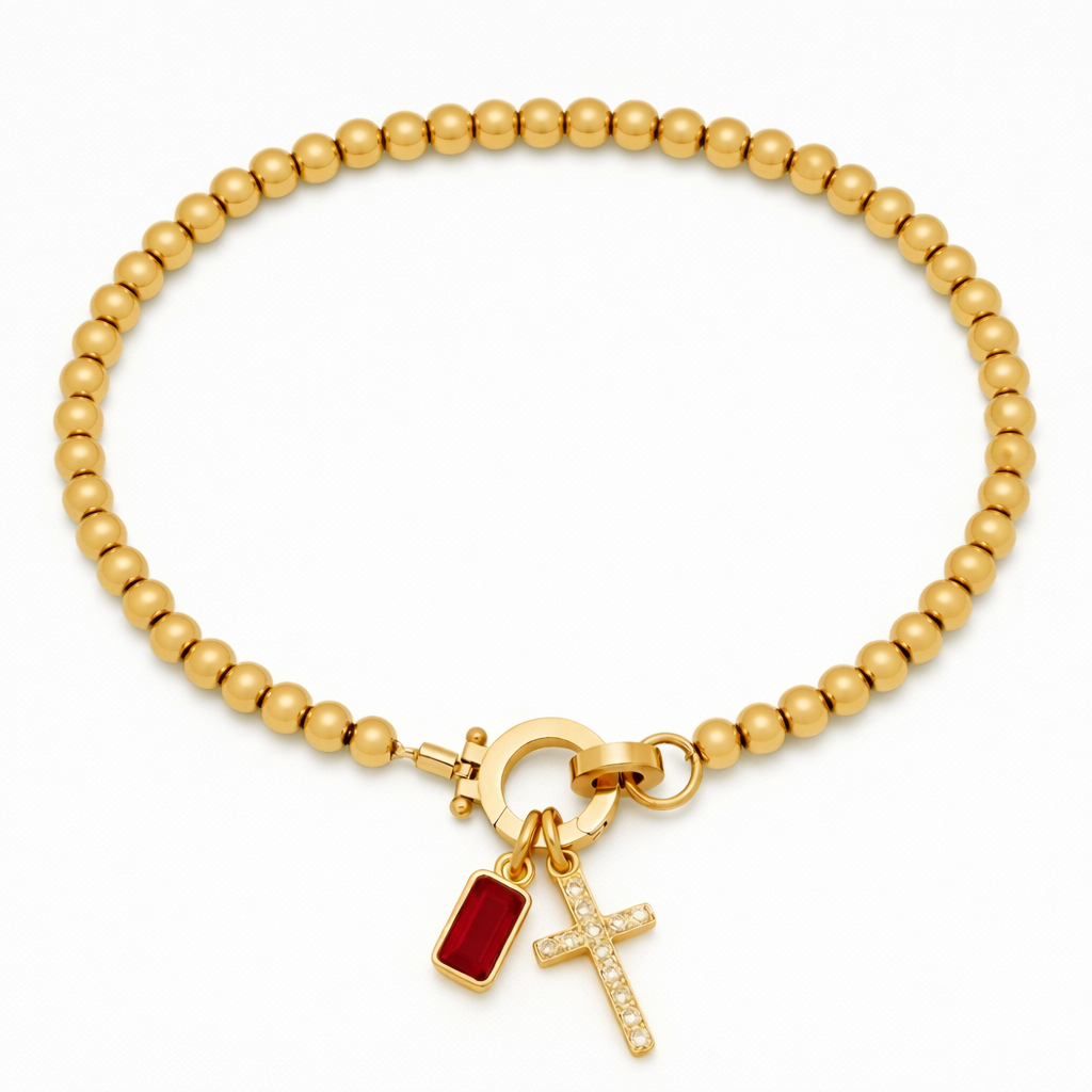 Beaded Cross & Birthstone Bracelet