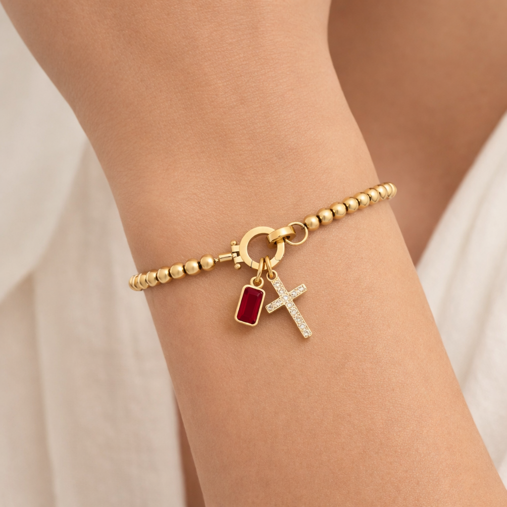Beaded Cross & Birthstone Bracelet