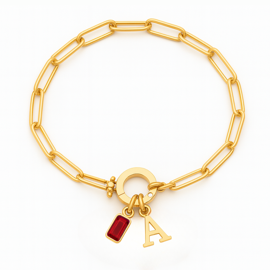 Paperclip Initial & Birthstone Bracelet