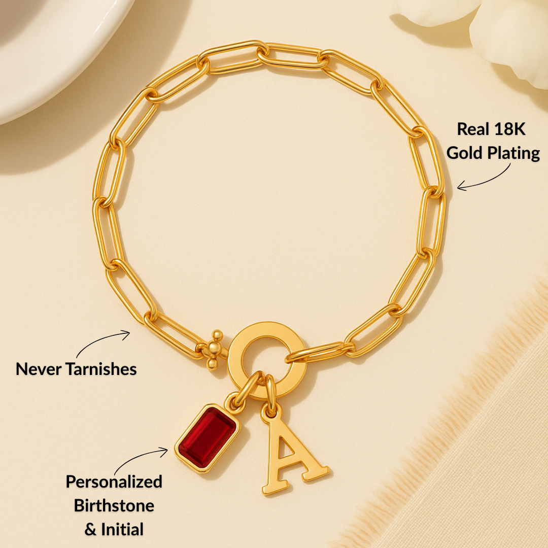 Paperclip Initial & Birthstone Bracelet