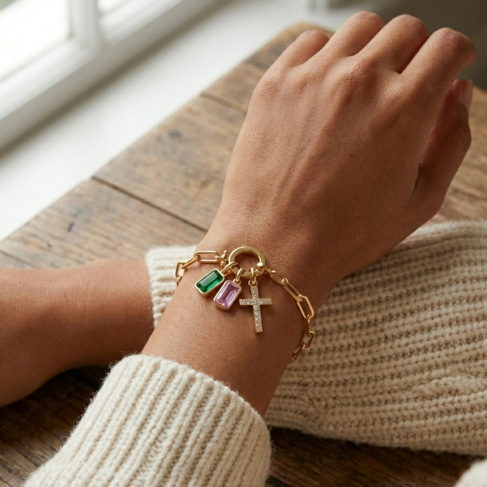 Paperclip Cross Multi-Birthstone Bracelet