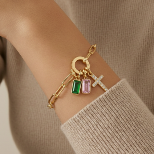 Paperclip Cross Multi-Birthstone Bracelet