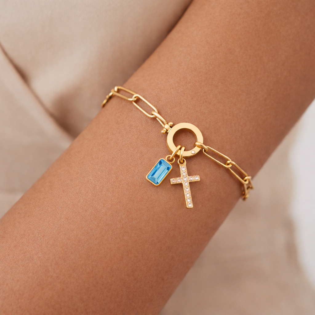 Paperclip Cross & Birthstone Bracelet